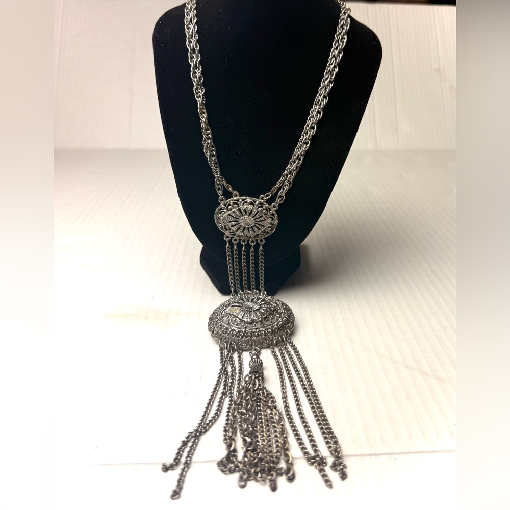 Vintage Tribal Ethnic Filigree Metalwork Fringe Tassel Necklace Silver Tone Boho